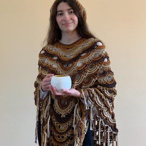 Crocheted Brown Poncho and Beanie Set (One Size Fits Most)